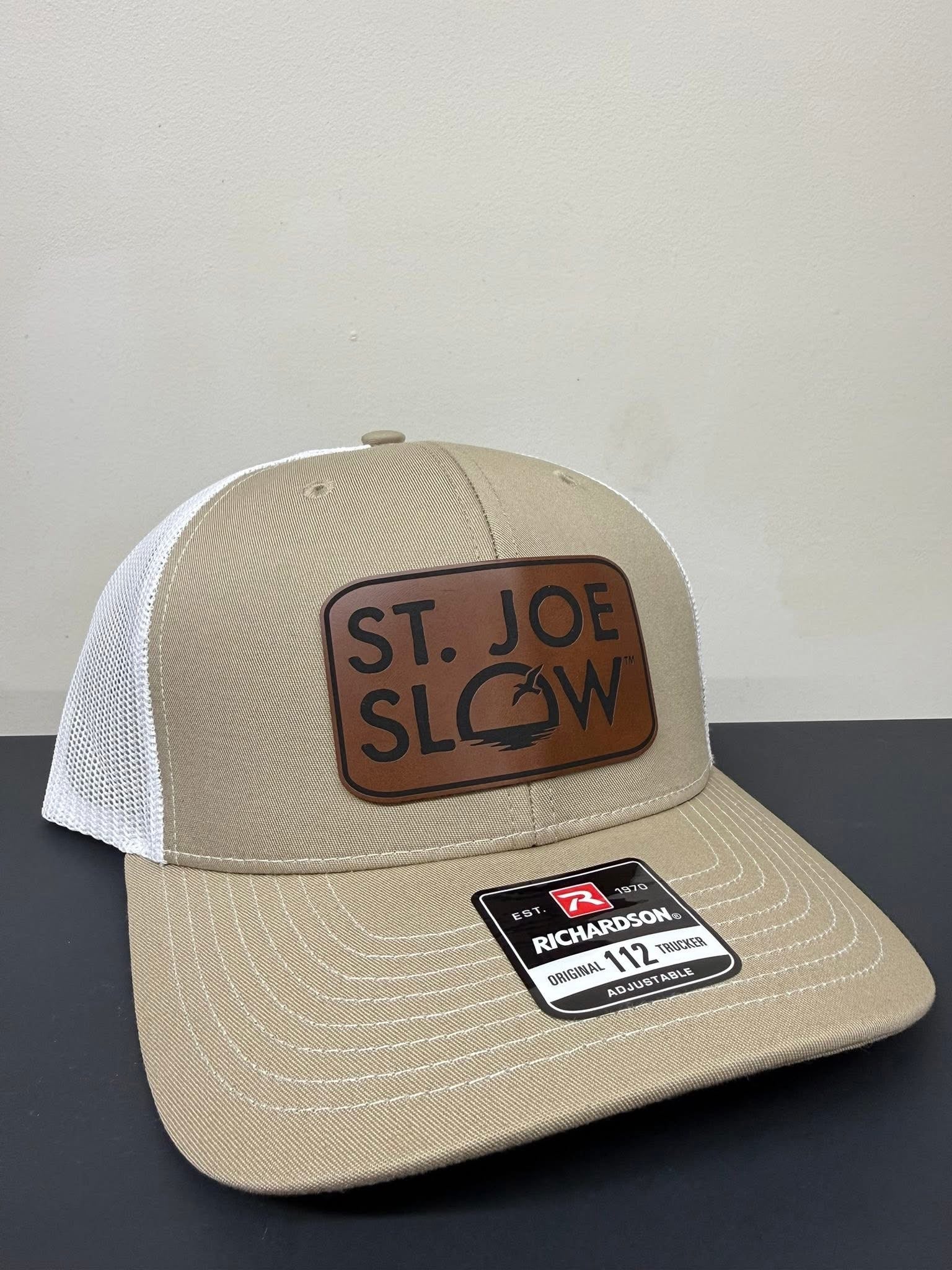 Hat - Khaki Front with White Mesh- Leather Patch - St Joe Slow Logo